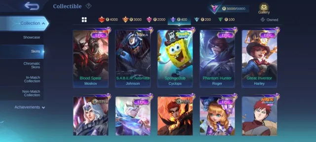 collector Natalia EPIC YSS Harley Freya Gusion Kagura Carmila Roger Stun Chou Hero emblem Max, Sale, Rank: Mythic, Level: 85, Winrate: 53%, Heroes: 133, Skins: 263