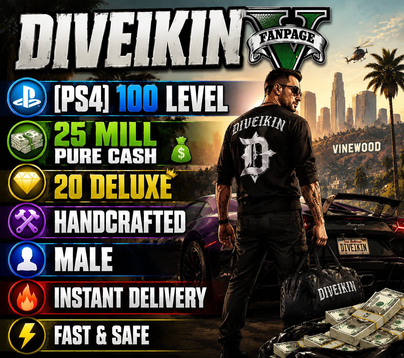 ✅ [PS4] 100 Level 💸( 25 Mill Pure Cash + 20 DELUXE ) 🔨 Handcrafted ⭐️ Male | 🔥 Instant Delivery ⚡️, Sale