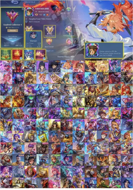 🔥 Legendary Freya, Collector LSS Darius, Aspirant Fanny, Sasuke Sue, Megumi Julian, Sale, Rank: Mythical Immortal, Level: 133, Win Rate: 52%, Heroes: 133, Skins: 420