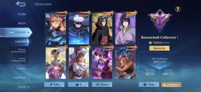 Naruto and Magic Battle Skins, Sale, Rank: Mythical Glory, Level: 65, Win Rate: 50%, Heroes: 121, Skins: 247