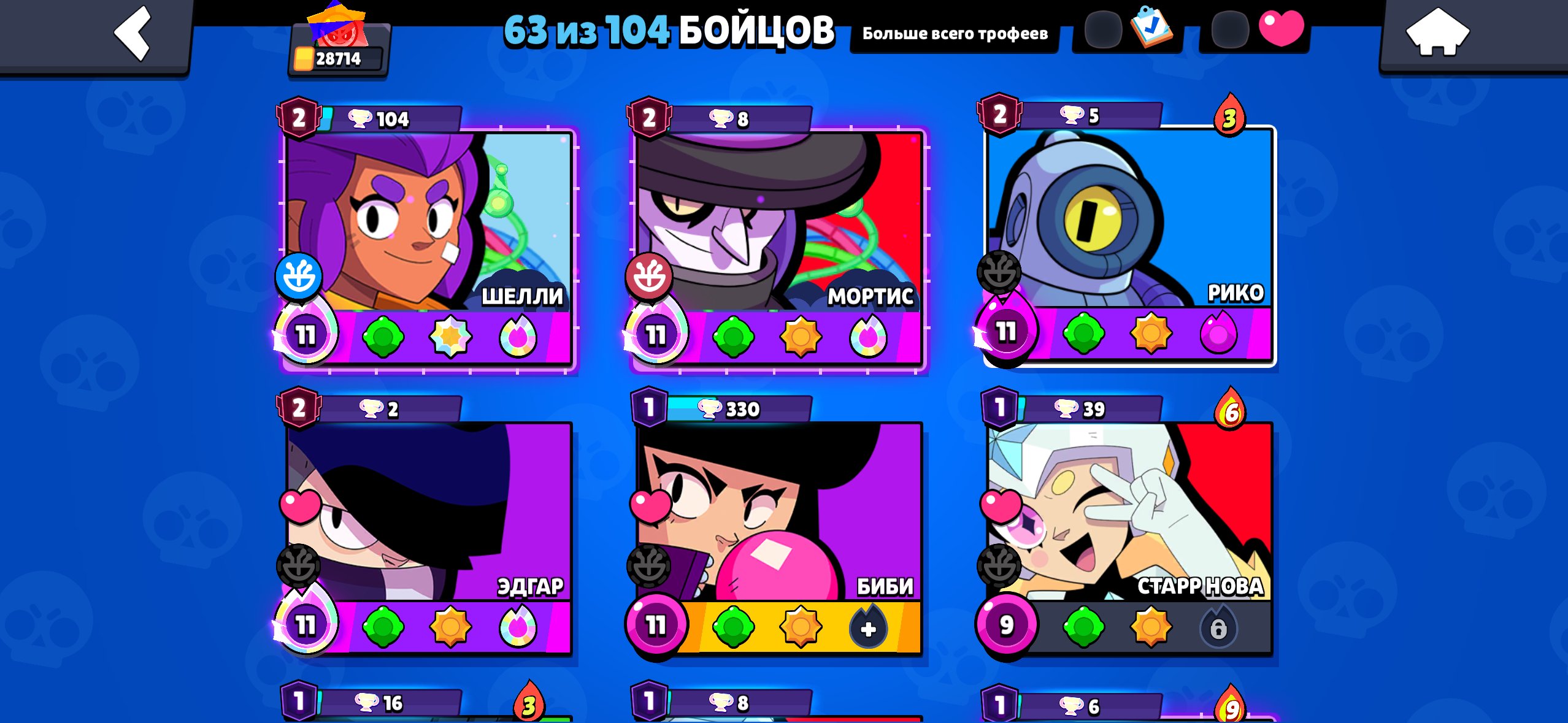63 Brawlers 🎁 16 Power 11s, 4 Power 10s 🎁 Decent skins, includes Legendaries 🎁 29k trophies 🎁, trophies 29000, brawlers 63, primes 16