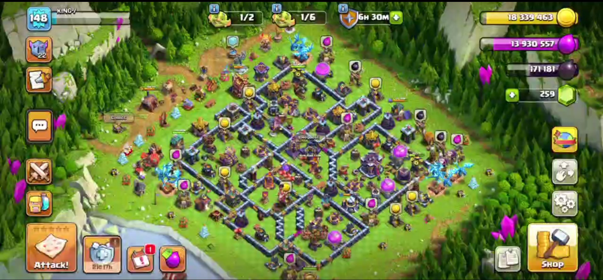 🏠15TH 65%🏠💯LVL 148💯💎259 GEMS💎👑HEROES 58/60/28/30/29/1👑🧙♂️6 HEROES SKINS + 3Design🧙♂️👷Worker 5👷, 15 TH Main Village