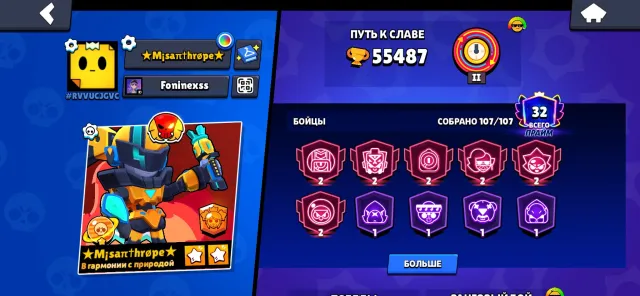 🔥Ultimate account, many epic, mythic skins🔥, 55487 trophies, 107 brawlers, 32 primes