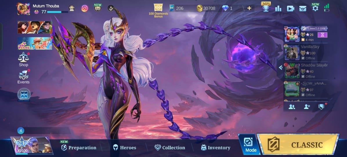 🟥⬛🛑K.F.O KARINA🛑⚫K.F.O DYRROTH🛑⚫COLLECTOR NATALIA🛑⚫EPIC RECALL🛑⚫53 MAGIC CORE🛑⬛🟥, Sale, Rank: Mythic, Level: 77, Winrate: 50%, Heroes: 114, Skins: 249