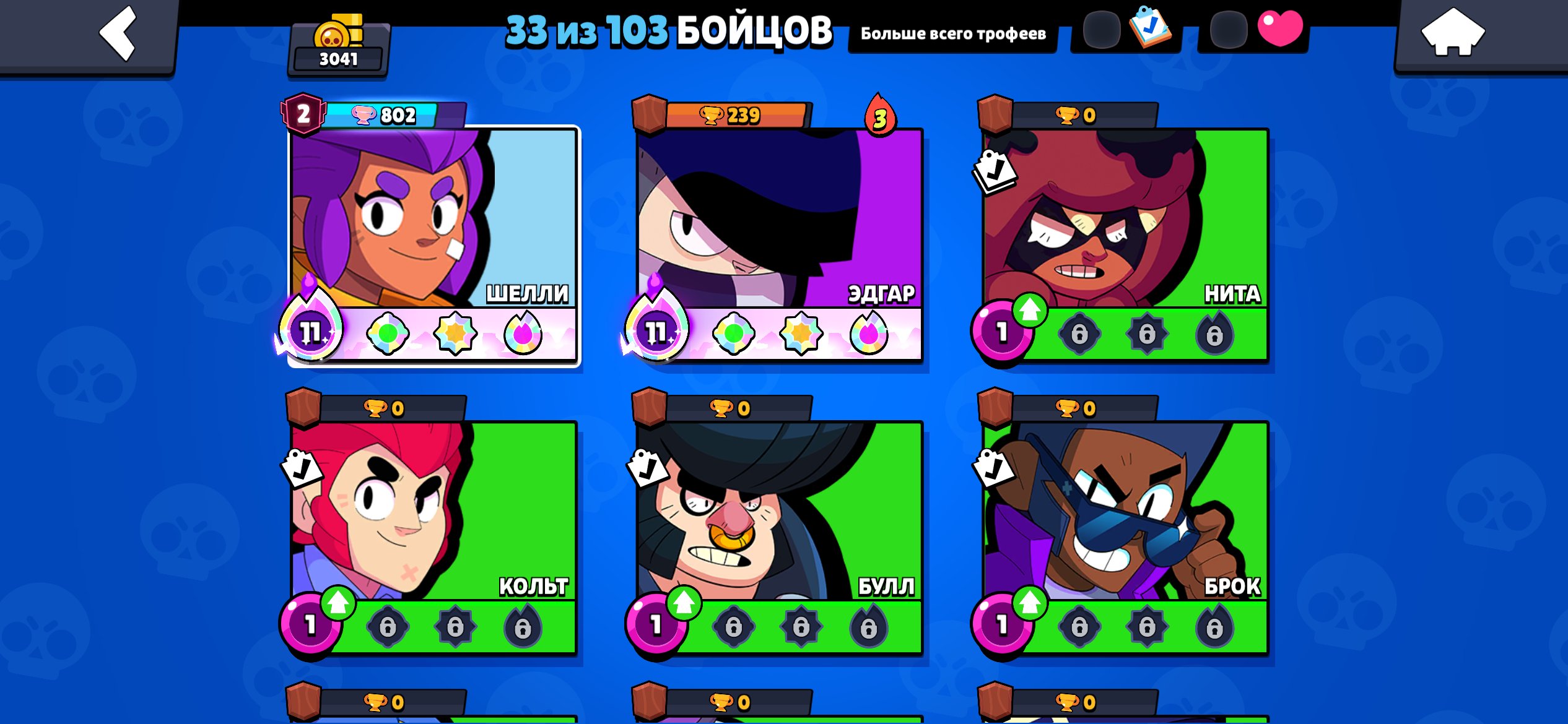 SHELLY ALMOST THIRD PRIME WAS 2950 TROPHIES AND NOW IT IS 2800 DAMN IT HAS GOLD SKIN, trophies 3041, brawlers 33, primes 2