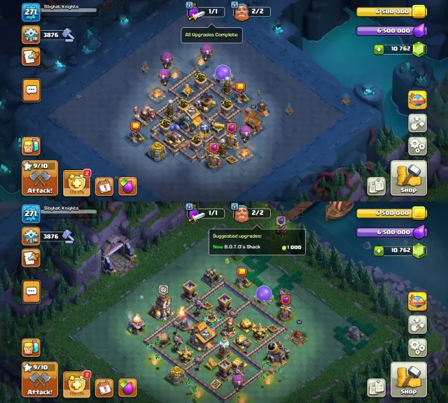 Th 18 close max➤5 hero max king 107➤Lab almost max➤10k gems➤5 skin scenery➤Bb max➤best equipment, 18 TH Родной Деревни, 10 TH Строителя