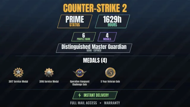 【CS2 Prime✨1600h🏆4 medals】 Service Medal 2016, Service Medal 2017, Operation Vanguard, Sale, Inventory empty, Has PRIME