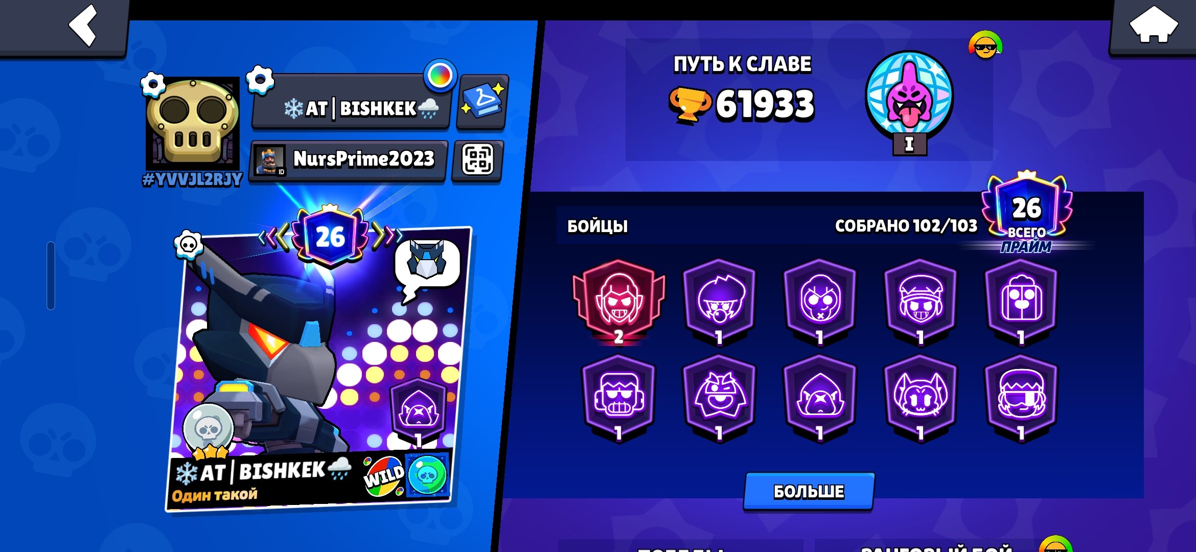 ⚡️61933 CUPS | 26 PRIME SKINS / 262 SKINS ⚡️, trophies 61933, brawlers 102, primes 26