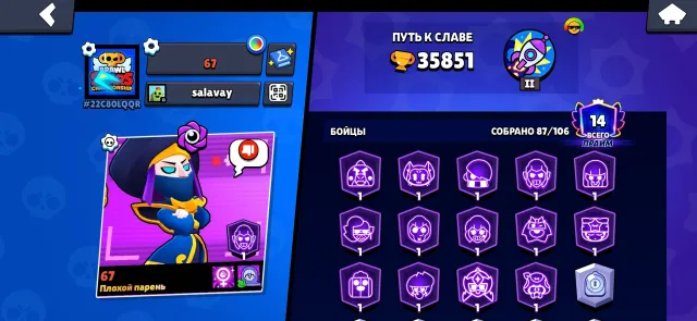 Top account, 35851 trophies, 87 brawlers, 14 primes