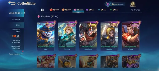H.R Glory➤L.B Akai➤Chou➤Edoura➤S.Hayabusa➤Deluxe 38➤zodiac Selena➤Epic Harley➤Freya➤karrei➤M.C 64➤, Продажа, Ранг: Мифический, Уровень: 61, Процент побед: 57%, Герои: 117, Облики: 265