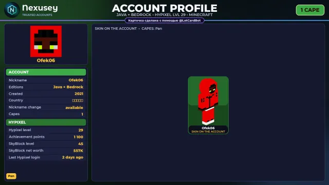 🚀 ⟦ MINECRAFT ⟧ JAVA + BEDROCK ✦ 1 CAPE: Pan ✦ FULL ACCESS ✦ NO BAN HYPIXEL (29 LVL) ✨ #4FJO2M, Sale, All account data