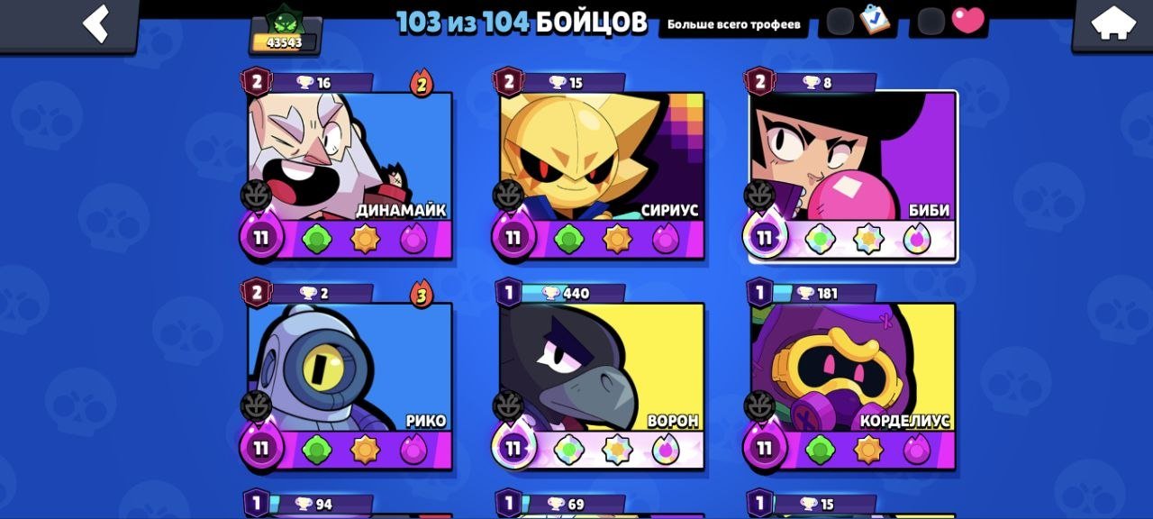 🏆 43500+ Cups ⭐103 of 104 Fighters ⭐Acc 2019 🎀 OLD SKINS 💎 RE-BINDING! 🎀, trophies 43543, brawlers 103, primes 18