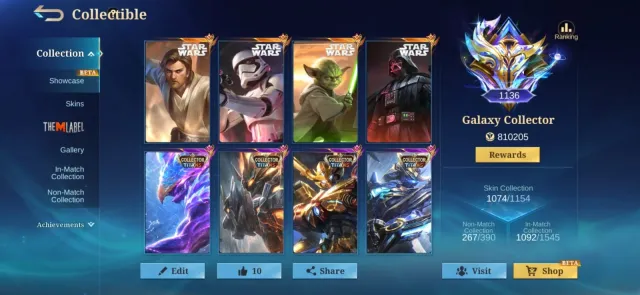 56 Collector | Full legends skins | Full Street fighter, Kof, Naruto, jujtsu, StarWars and more, Продажа, Ранг: Мифический Бессмертный, Уровень: 180, Процент побед: 70%, Герои: 134, Облики: 1090