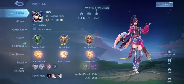 Fluffy Floryn✨Pace Fanny⚡Epic Sunshines💎Valir🌟Khufra💫Gara Vale💎Badang✨Dyrroth⚡Emblem Max, Продажа, Ранг: Эпик, Уровень: 51, Процент побед: 45%, Герои: 94, Облики: 127