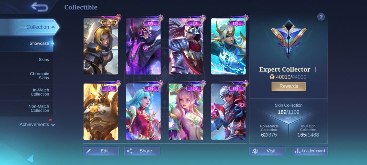fire crown EPIC Recall🌈collector Natalia🌈deluxe 28🌈EPIC Roger YSS Carmila Kagura Valir Uranus, Sale, Rank: Mythic, Level: 64, Winrate: 48%, Heroes: 119, Skins: 189