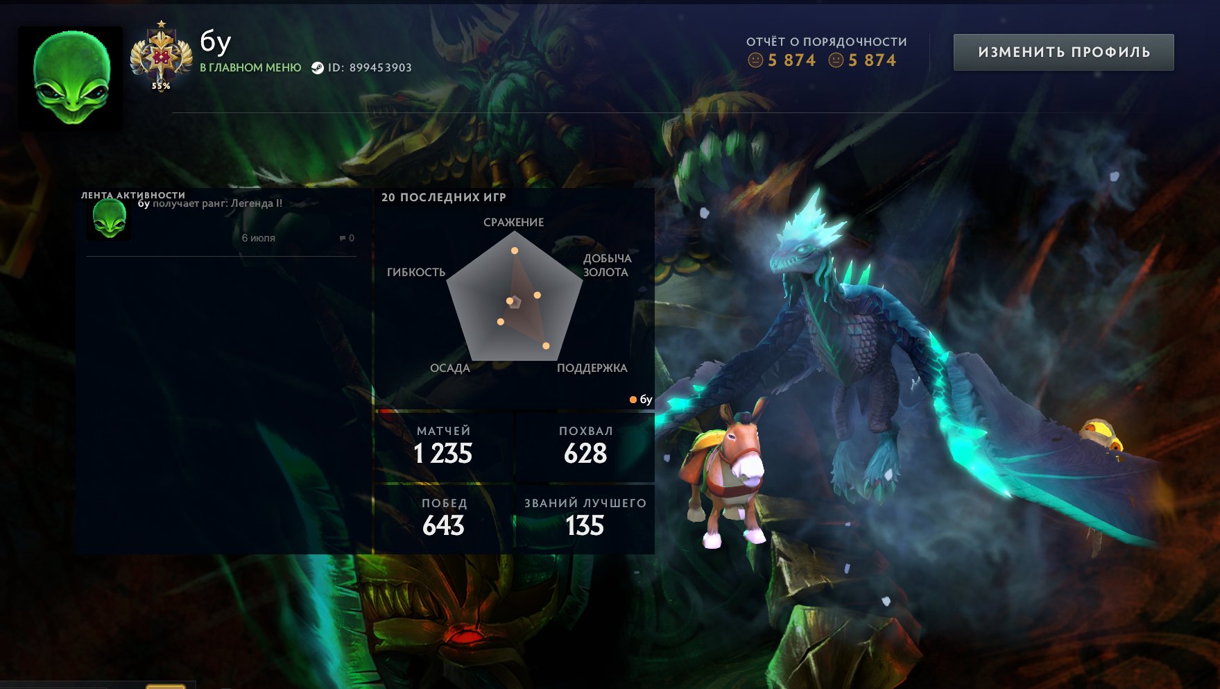 ARCANA | DOTAPLUS | OLD ACCOUNT | FULL RE-LINKING | 100% GUARANTEE, Sale, 3165 MMR, 5874 Behavior score, 5874 вежливости, 1235 games, 1135 hours