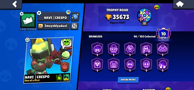 Good account 35k more skins 98 brawlers, trophies 35673, brawlers 98, primes 10