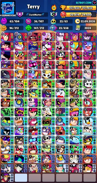 Very top account with a large number of trophies!, 157033 trophies, 107 brawlers, 149 primes