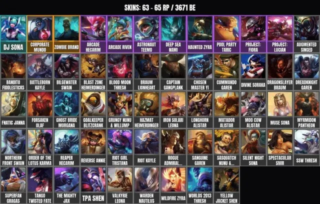 63 skins 🎯 89 champions 👑 3600+ BE👑DJ Sona👑Zombie Brand👑Corporate Mundo👑Project: Fiora👑Arcade, Sale, level 32, champions 89, skins 63, No rank