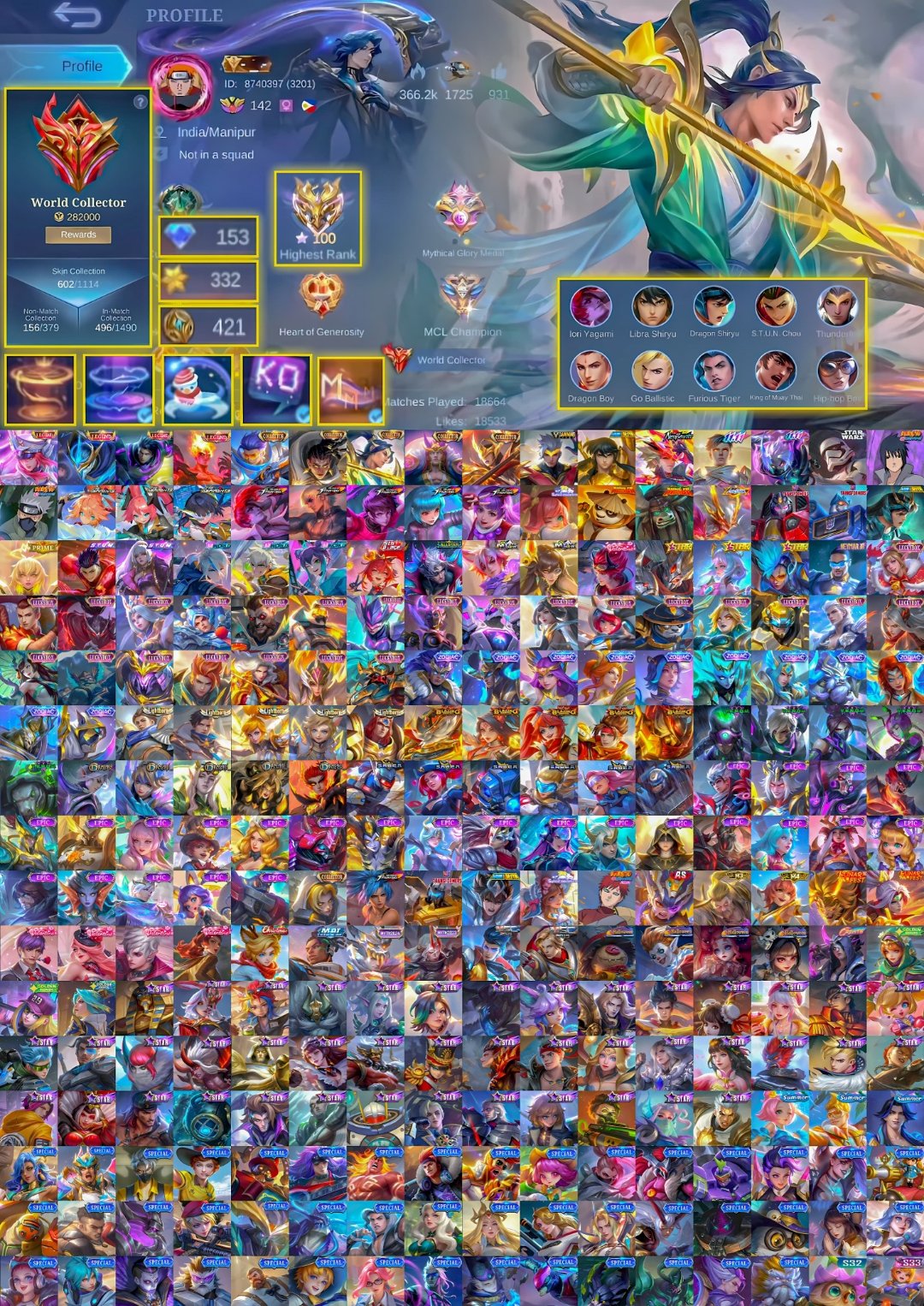 Chou set🔥 world collector🔥 op collection checkout skins., Sale, Rank: Epic, Level: 142, Winrate: 50%, Heroes: 133, Skins: 602