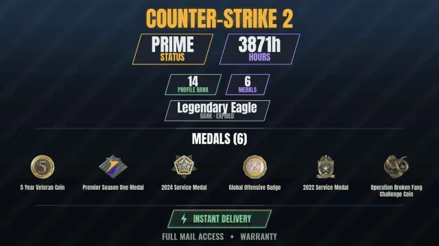 【CS2 Prime✨3800ч🏆6 медалей】 Медаль за службу 2022, Медаль за службу 2024, Operation Broken Fang, Продажа, Инвентарь пуст, Есть PRIME