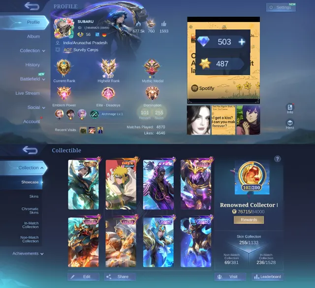 Gus minato ling collector brody stun available for sell., Sale, Rank: Legend, Level: 56, Winrate: 50%, Heroes: 101, Skins: 255