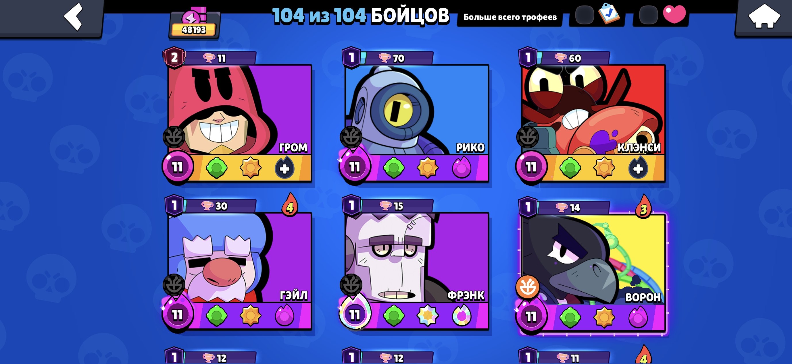 Account top, trophies 48193, brawlers 104, primes 18