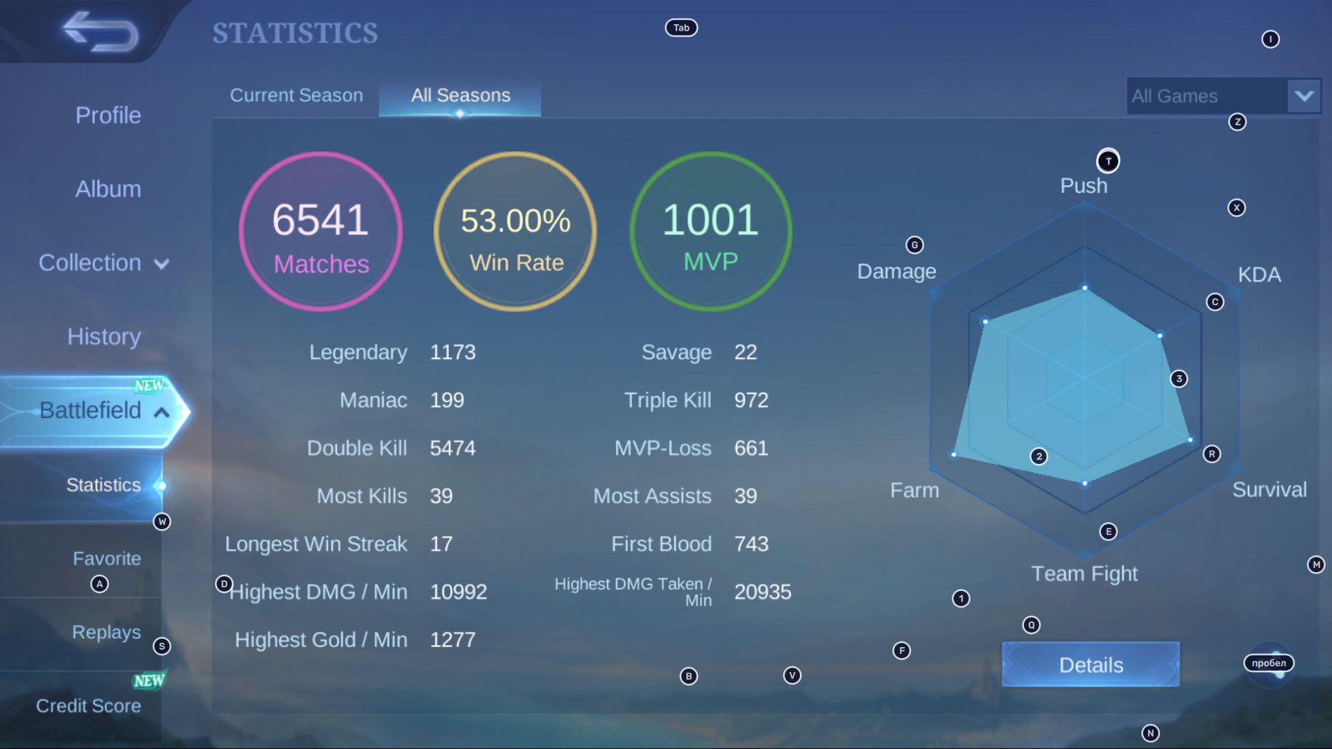 #MG207 Highest Rank Mythic 50⭐; DUCATI Leomord; KOF Karina; Lackybox Fanny; STAR Hayabusa, Sale, Rank: Legend, Level: 87, Winrate: 53%, Heroes: 133, Skins: 308