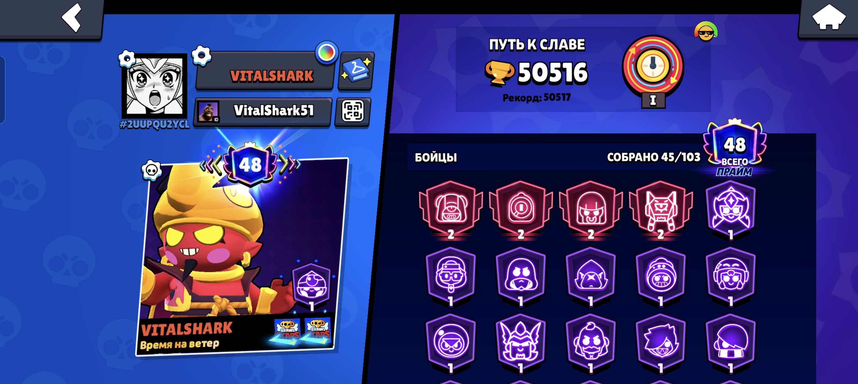 50K🏆48 Primes🔥4 Second Primes📍Top price, trophies 50516, brawlers 45, primes 48