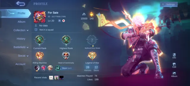 Exorcist Hayabusa, Empty Twink Account, 600 Aurora Crystals, Global 🔥, Sale, Rank: Epic, Level: 20, Win Rate: 77%, Heroes: 28, Skins: 22