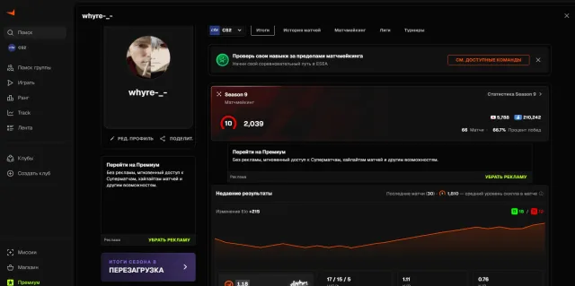 FACEIT 10 LVL | 2039 ELO, Sale, Inventory empty, Has PRIME, FACEIT, 2039 ELO, Registered: Yes