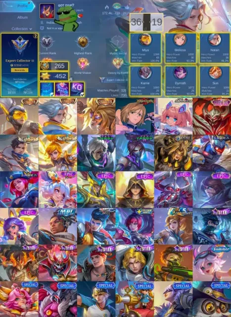 ✨ Miya Collector ✨ Natan Collector ✨ Melissa JJK ✨ Angela Aspirant ✨ Badang Collector, Продажа, Ранг: Элита, Уровень: 7, Процент побед: 70%, Герои: 50, Облики: 97