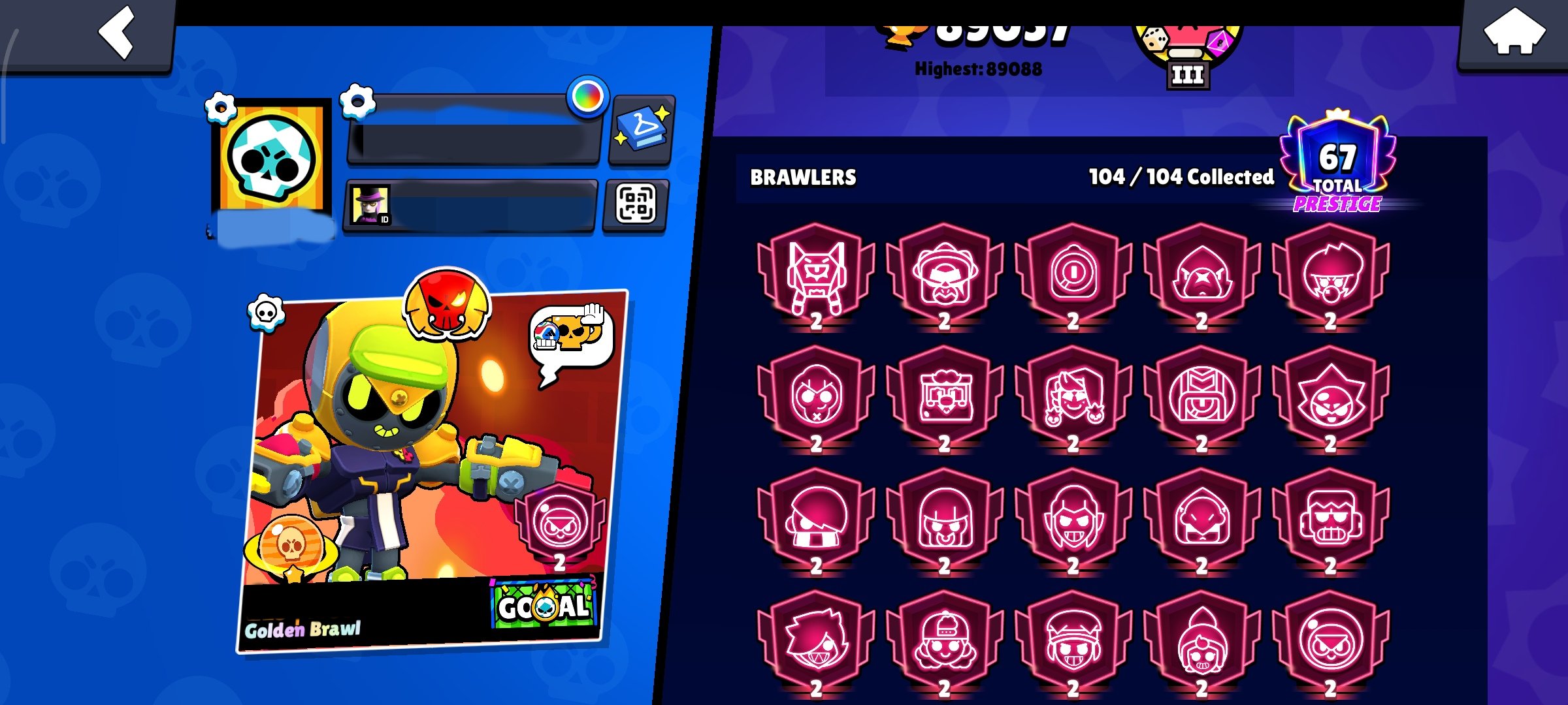 STACKED ACCOUNT,All Brawlers,20 Rank 2 Brawlers,six seven Pr-ges,GreatProgress,FullOwnershipTransfer, trophies 89200, brawlers 104, primes 67