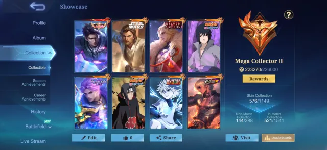 🔥SUE NARUTO🔥SUE JULIAN🔥STAR WARS LEG ALUCARD🔥LANS KISHIN🔥COFFEE GOOSE🔥11.11 NOLAN🔥XXX HARITH, Sale, Rank: Epic, Level: 145, Win Rate: 51%, Heroes: 133, Skins: 576