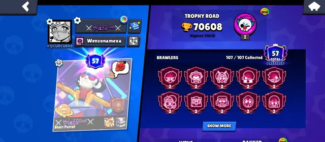🏆𝟳𝟭𝐊🏆【🎫𝟯 BRAWL PASS+🎫】👤1O7/1O7👤𝟯𝟭𝟬 СКИНОВ~35k💎❰𝟯𝟱 11-x C HYPER❱📹ОПИСАНИЕ📹, 71000 кубков, 107 бравлеров, 57 праймов