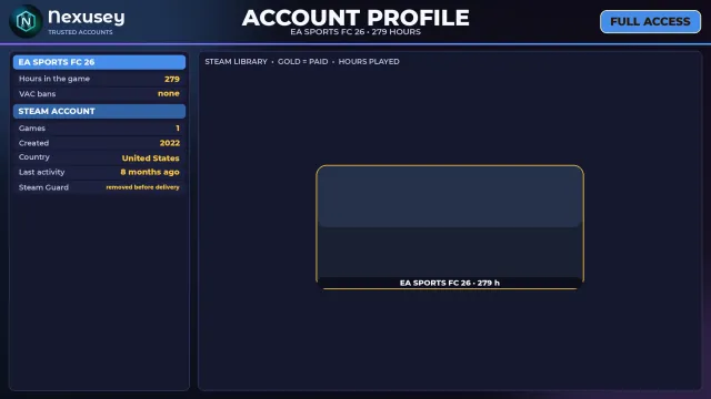 🚀 ⟦ EA SPORTS FC 26 ⟧ STEAM ✦ 279 HOURS IN GAME ✦ FULL ACCESS + EMAIL ✨ #3QVPGE, PC, Sale, Standard Edition, Rating 1, Squad Value 1k, Coins on Balance 1k