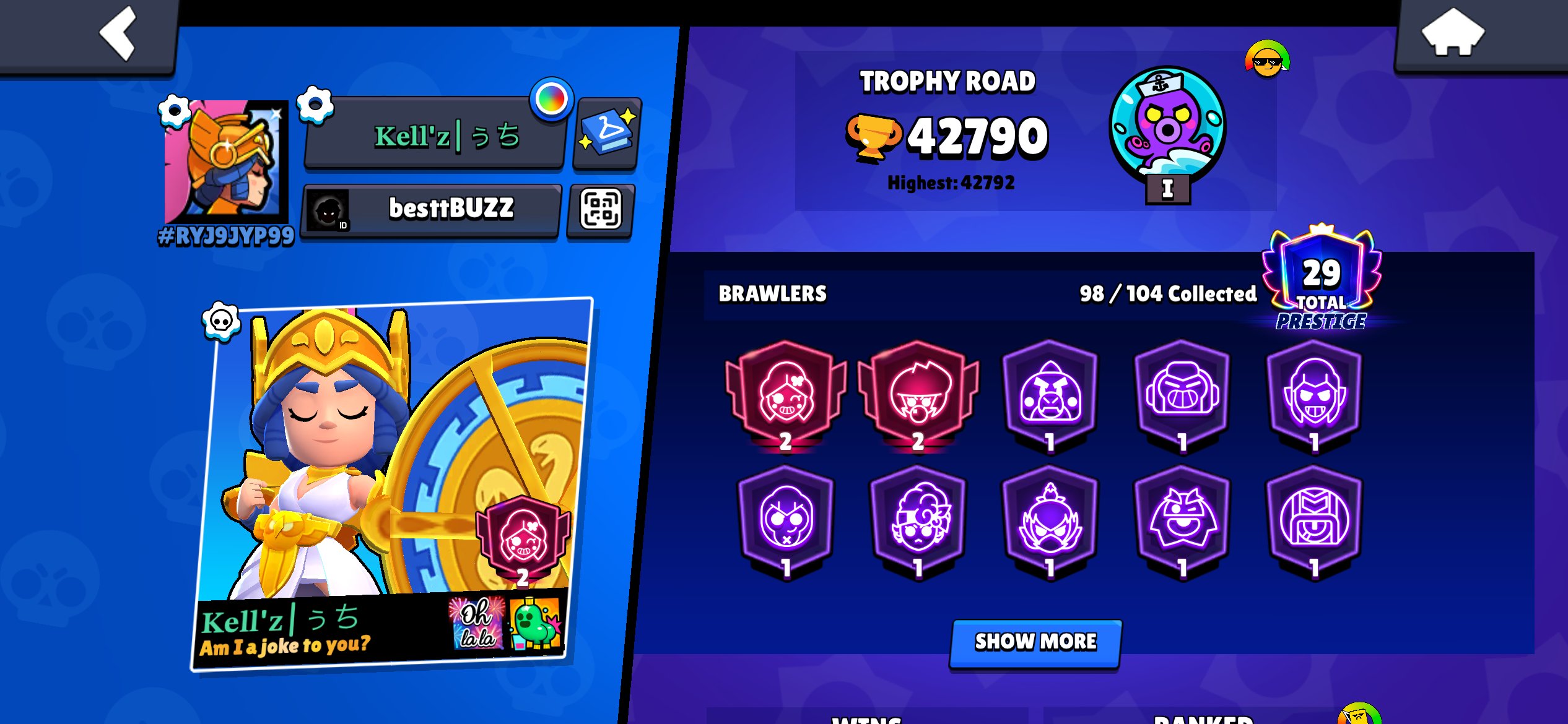 Account in braval stars read the description, trophies 42, brawlers 98, primes 29