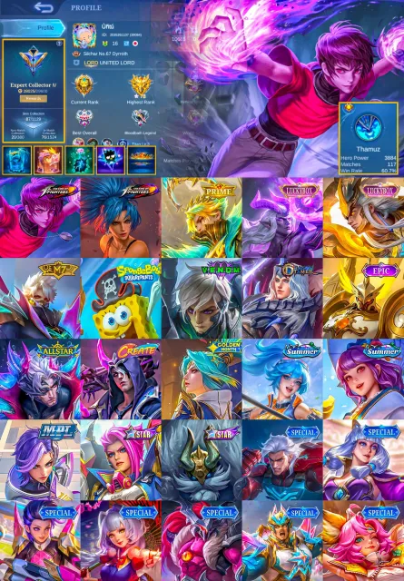 KOF Dyrroth, Prime Granger, Luckybox Moskov Martis, MPL Benedetta, Global 🔥, Sale, Rank: Mythic, Level: 46, Winrate: 53%, Heroes: 70, Skins: 87