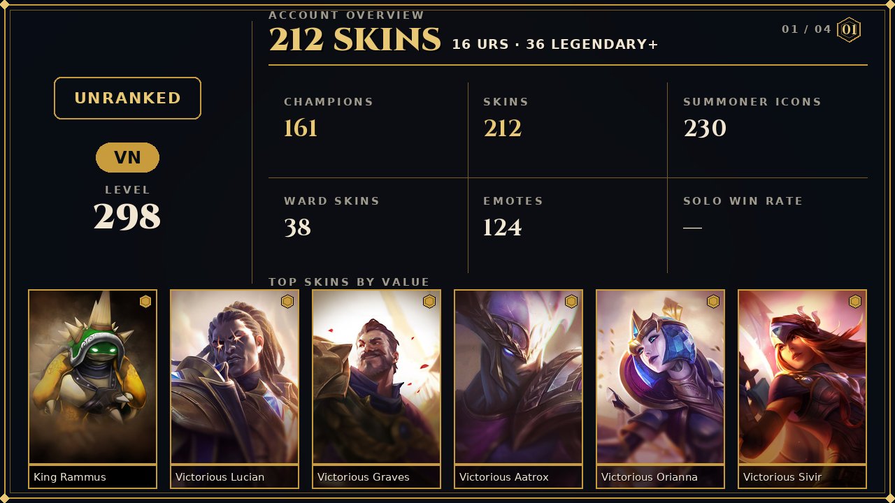 🌸212 skins + 161 champions🎀1890 BE🎀King Rammus🎀Victorious Graves🎀Victorious Orianna🎀Victorious Sivir, Sale, champions 161, skins 212, Unranked