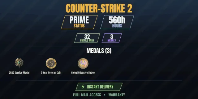 【CS2 Prime🎮560h💠3 medals】 Service Medal 2020, 5-Year Veteran Coin, Global Offensive Badge, Sale, Inventory empty, Has PRIME