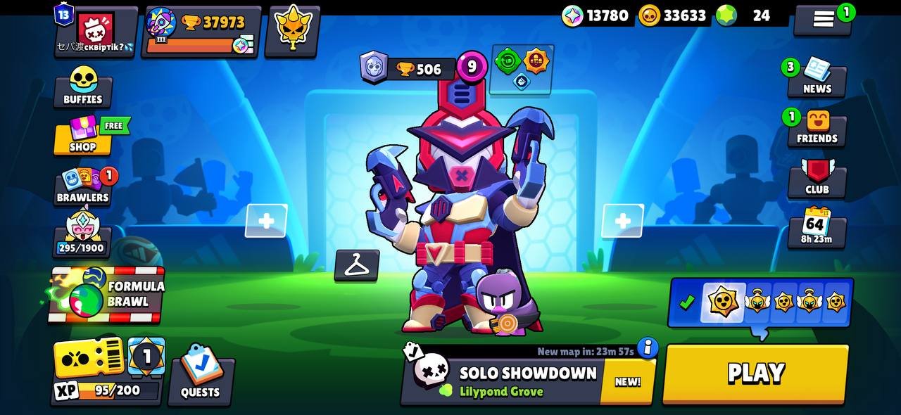 37k 🏆, Ares Nani, 89 brawlers + Sirius, 11 leg, 13 11 strength + 8 hyper, 33k coins, 190 skins, trophies 37000, brawlers 89