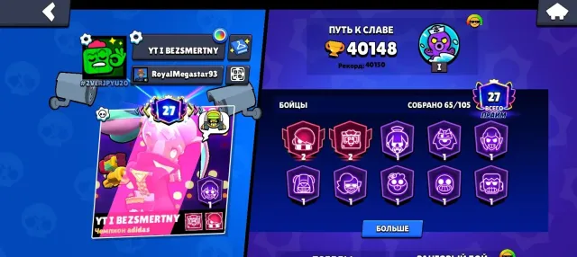 ⭐️TOP ACCOUNT WITH LEVELING MANY SKINS 256 GEMS ⭐️, 40148 trophies, 65 brawlers, 27 primes