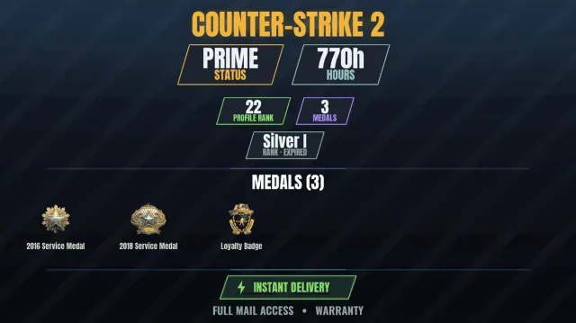 【CS2 Prime🏆770h🎮3 medals】 Service Medal 2016, Service Medal 2018, Loyalty Badge, Sale, Inventory empty, Has PRIME