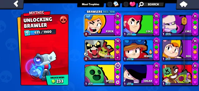 Sale of a charged Brawl Stars account, 87464 trophies, 103 brawlers, 64 primes