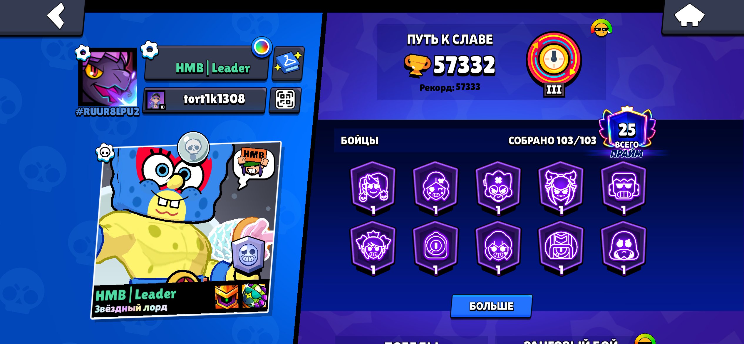 Full account, trophies 57333, brawlers 103, primes 25