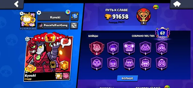 strong account from 2018 with many rare skins in DMs, 91658 trophies, 105 brawlers, 67 primes