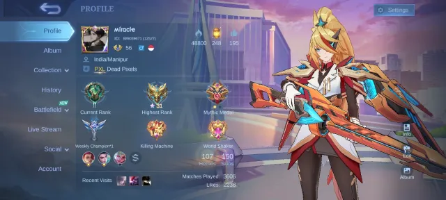 Aspiring Leslie, P.ACE Fanny, Cyber Roger, Fish Curry, Max Emblems, Double Diamonds, Global 🔥, Sale, Rank: Mythic, Level: 86, Win Rate: 50%, Heroes: 107, Skins: 150
