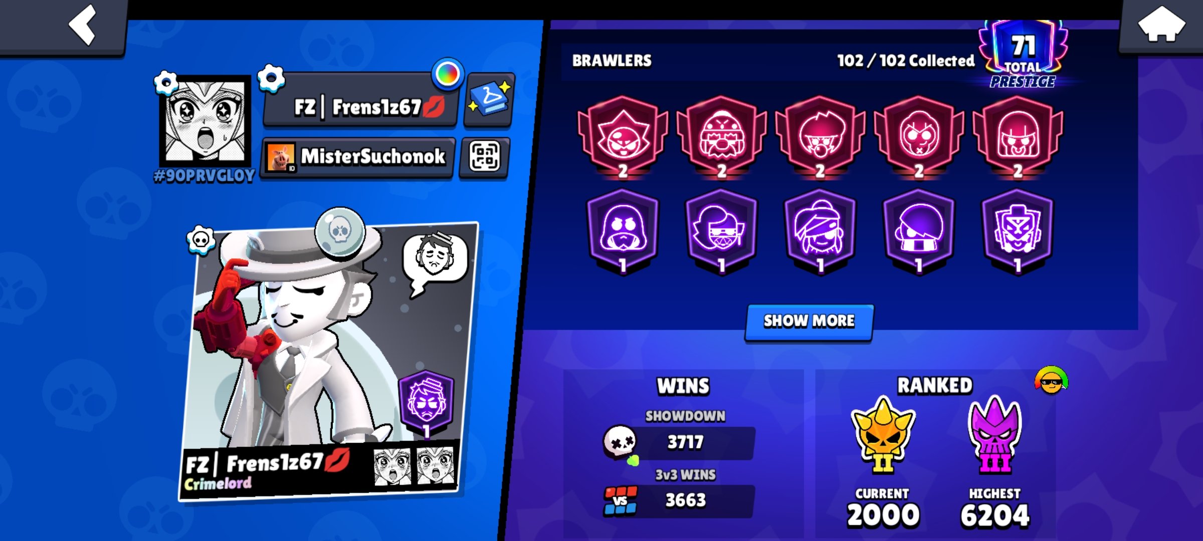 🏆𝟗𝟎𝟎𝟎𝟎🏆🔮𝟏𝟓 BP + PRO PASS🔮🎀THOR BIBI + ONI KENJI🎀🔮MECHA COLT + FINX🔮🏅𝟒𝟏 BUFFIE + PUMPING🏅, trophies 90012, brawlers 102, primes 71