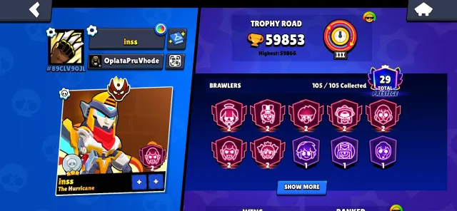 kskskkd skkksbxkksnnns sjjnnnd, trophies 60000, brawlers 105, primes 30