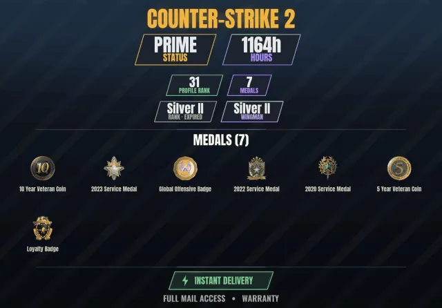 CS2 Prime💎1100h🎯7 medals Veteran Coin 10 years, Service Medal 2020, Service Medal 2022, Sale, With inventory, Has PRIME